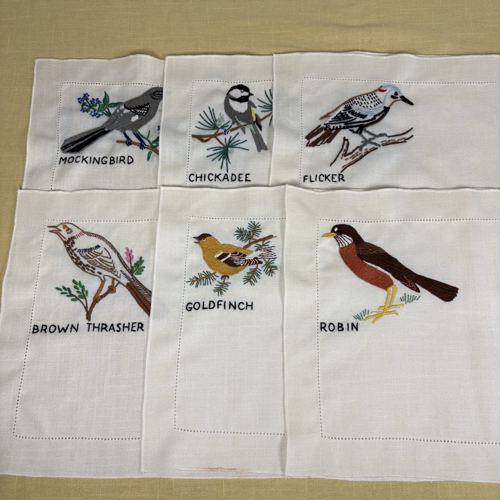 Set of 6 Vtg Hand Embroidered Table Mats Birds GrannyCore Farmhouse Decor OOAK